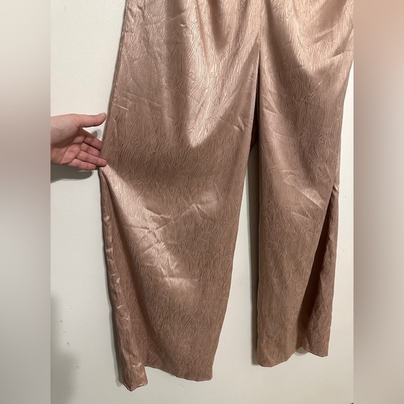 Anthro Du Paradis Cross-Neck Wide Leg Halter Champagne Satin Jumpsuit Sz L - Picture 5 of 10